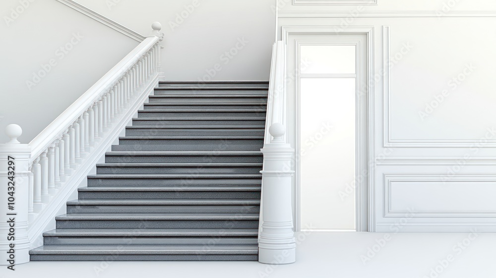 Fototapeta premium A minimalist interior featuring a staircase and an open door, emphasizing elegance and space.