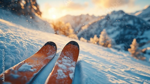 Closeup cropped photo of a person legs riding on the ski on snowy mountain in winter time