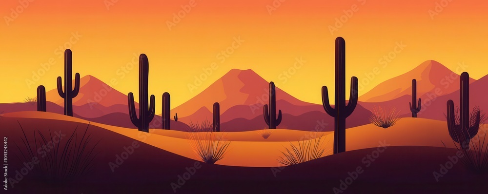 Naklejka premium Abstract desert scene with cactus silhouettes and warm gradients, perfect for text overlays