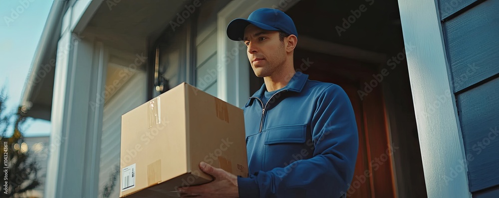 Delivery Man sending package to receiver on doorway, Generative AI Delivery Man sending package to receiver on doorway, Generative AI