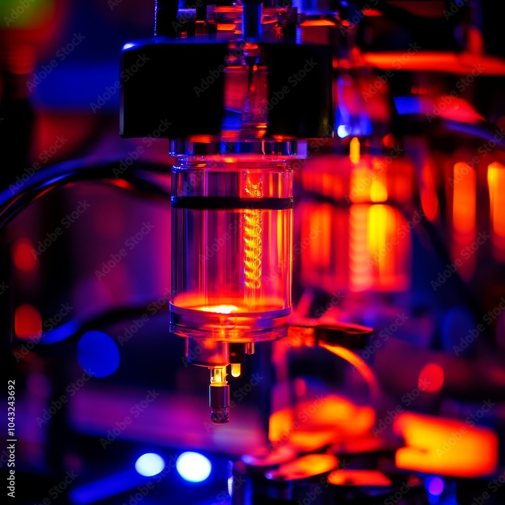 Close-up of a vibrant, futuristic machine component illuminated with red and blue lighting, showcasing modern technology and engineering. Close-up of a vibrant, futuristic machine component illuminated with red and blue lighting, showcasing modern technology and engineering.