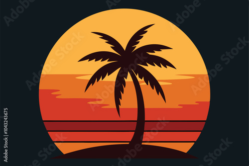 Palm Tree Sunset Summer Design, Beach Silhouette. Vector illustration