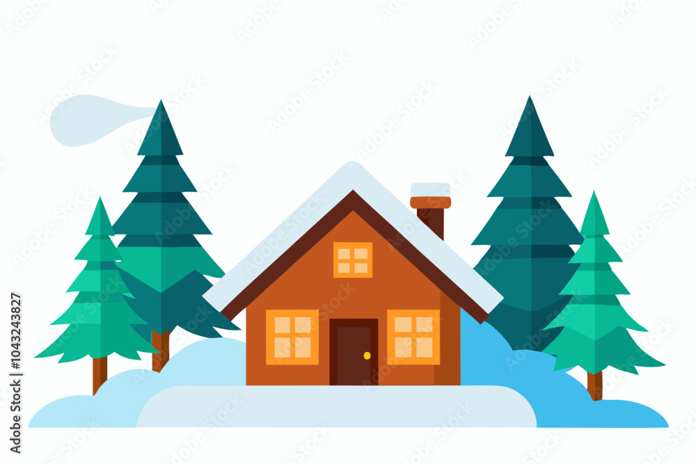 Fototapeta premium December Snow-Covered Cabin in the Woods Vector Illustration