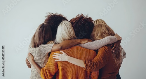 A diverse group of people embracing in a circle illustrating unity, friendship, and support in a warm and inclusive setting