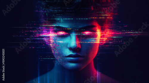 Wallpaper Mural Intricate depiction of a male face with glitch effects and lit eyes, symbolizing the intersection of digital and human essence. Torontodigital.ca