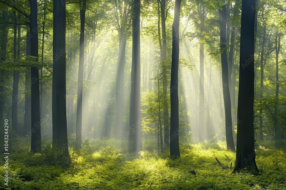 Fototapeta premium Abstract forest in soft shades of green, sunlight streaming through with room for copy