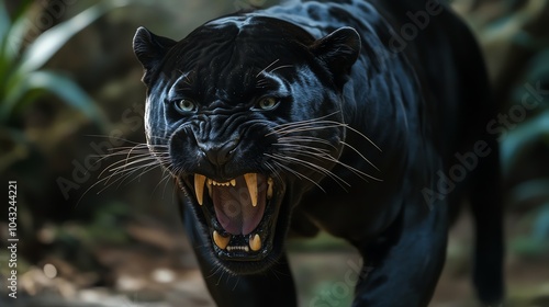 A black panther snarling at the camera.