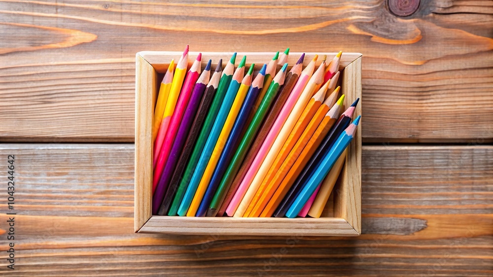 Obraz premium High angle view of colorful wooden pencils in a holder
