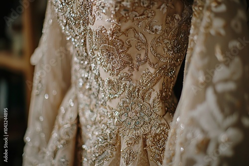 Close-up of an elegant, intricately embroidered bridal gown with shimmering beads and delicate lace details, showcasing exquisite craftsmanship.