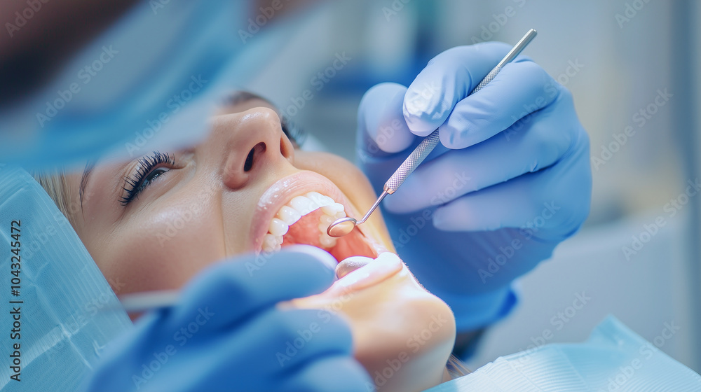Naklejka premium Close Up of Dentist Examining Patient Teeth with Dental Tools