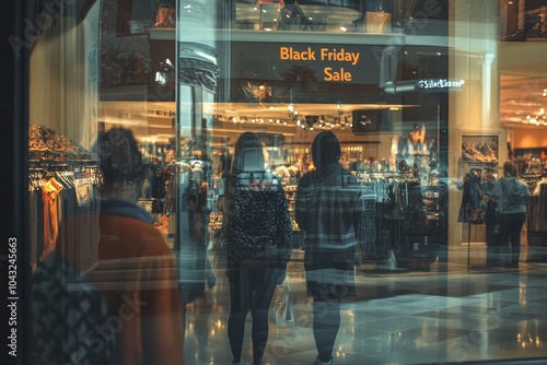 Mall Window Displays: Store windows in a busy mall all decorated with "Black Friday Sale" signs, mannequins in trendy clothes, and discounted products