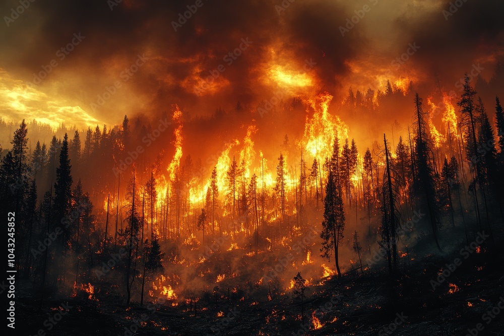 Fototapeta premium A forest ravaged by wildfire. Generative AI