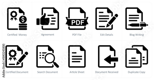 A set of 10 mix icons as certified money, agreement, pdf file
