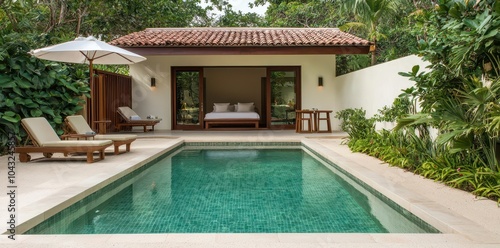 Wallpaper Mural Luxurious spa retreat featuring a refreshing pool nestled in lush greenery for an exclusive escape. Torontodigital.ca