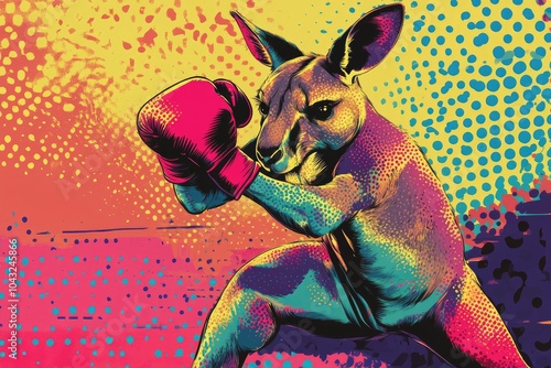 A dynamic Pop art style kangaroo boxing in a ring of vibrant colors and halftone patterns photo