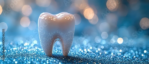 White tooth on a blue glitter background with a bokeh effect