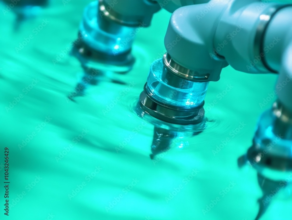 Close-up of futuristic machinery with glowing blue components interacting with liquid. Technological innovation and industrial concept. Close-up of futuristic machinery with glowing blue components interacting with liquid. Technological innovation and industrial concept.