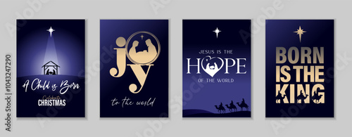 Nativity greeting cards set with Holy family and Christmas decorations. Creative Xmas concepts with cover design: A Child is Born, Joy to the world, Jesus is the Hope and Born is the King