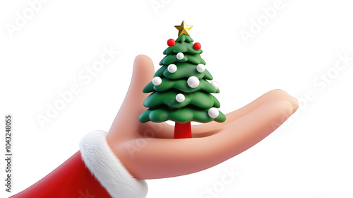 Cartoon 3D hand Santa Claus. A hand holding christmas tree on a transparent background, creating a festive atmosphere.