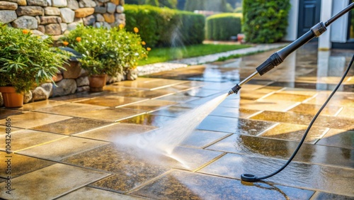 Outdoor terrace deep cleaning with high-pressure water jet removing grime from stones for thorough stone cleaning and rejuvenation concept