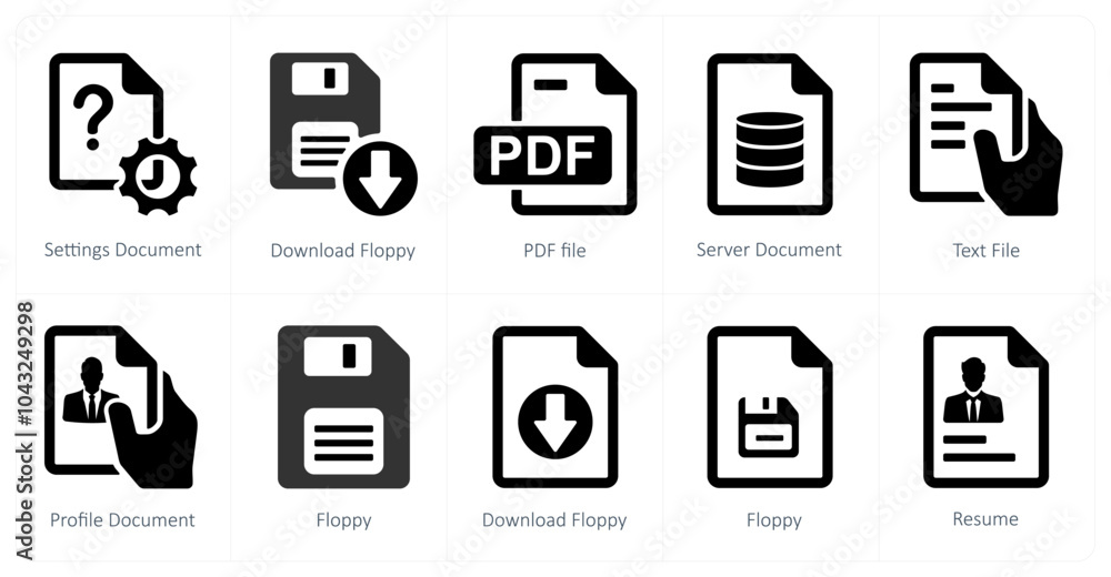 A set of 10 mix icons as settings document, download floppy, pdf file A set of 10 mix icons as settings document, download floppy, pdf file