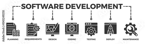 Software development life cycle banner web icon vector illustration concept of sdlc with icon of planning, requirements, design, coding, testing, deploy and maintenance	