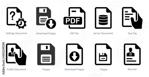 A set of 10 mix icons as settings document, download floppy, pdf file