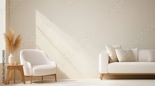 A serene, modern living room featuring neutral tones, a cozy white sofa, an accent chair, and natural decor elements.