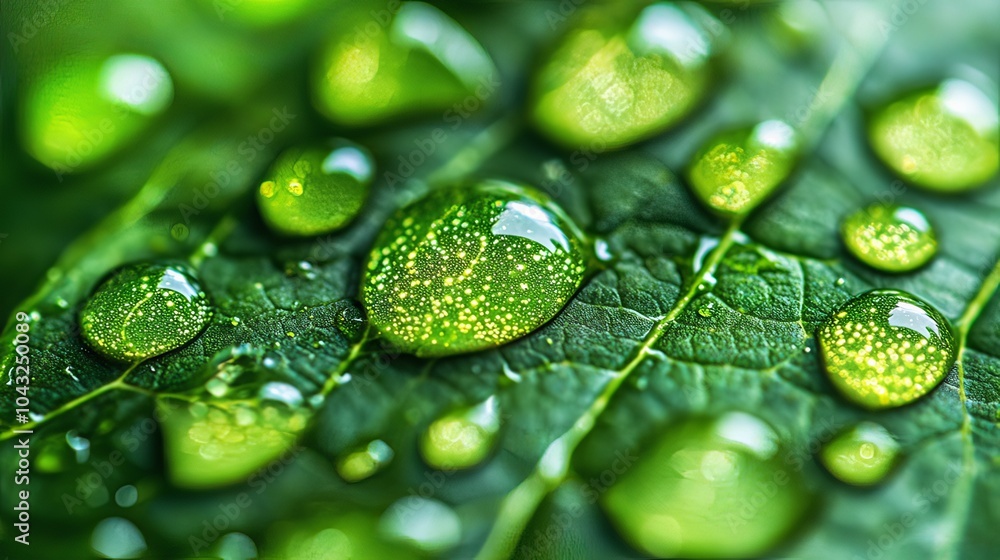 A close-up of dew drops on a fresh green leaf, showcasing the beauty of nature and the delicate details of the natural world A close-up of dew drops on a fresh green leaf, showcasing the beauty of nature and the delicate details of the natural world