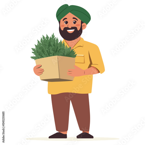 Indian Farmer Holding Fresh Vegetable Bundle from Harvest – Flat Cartoon Art