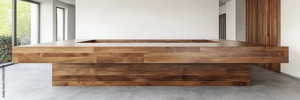 A modern wooden table with a minimalist design in a spacious interior. A modern wooden table with a minimalist design in a spacious interior.