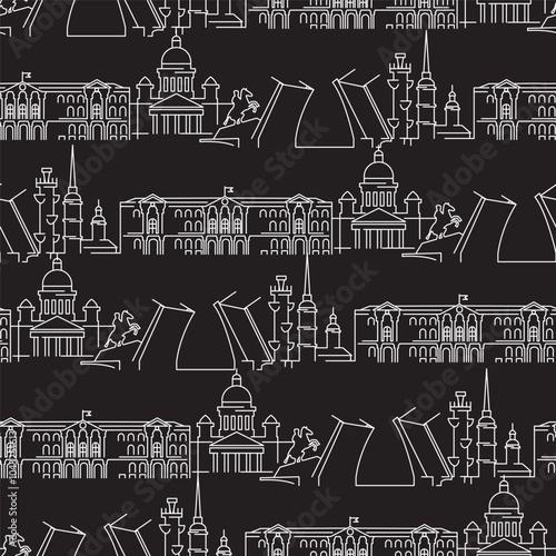 St. Petersburg linear seamless pattern. Vector urban landscape with famous landmarks, city landmarks, design icons.