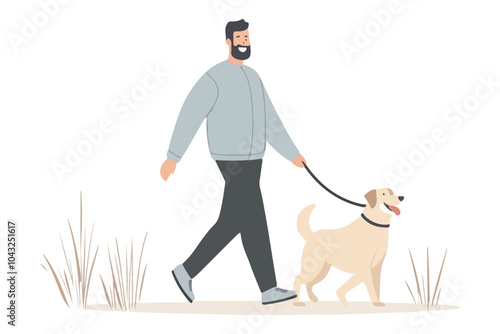 Man Walking Happy Dog on Leash Outdoors – Simple Flat Vector Illustration