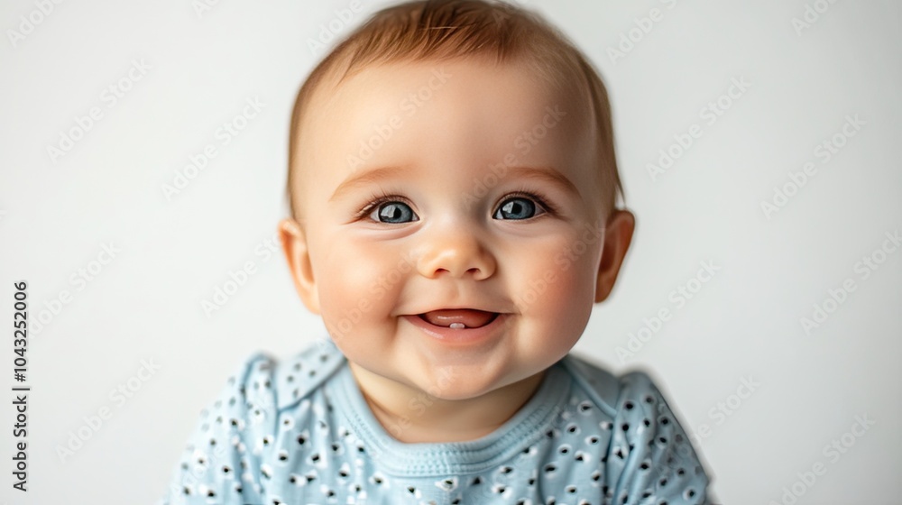 A contented infant grinning against a stark white backdrop A contented infant grinning against a stark white backdrop
