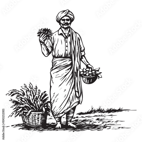 Smiling Indian Farmer with Bountiful Harvest - Vintage Black and White Woodcut