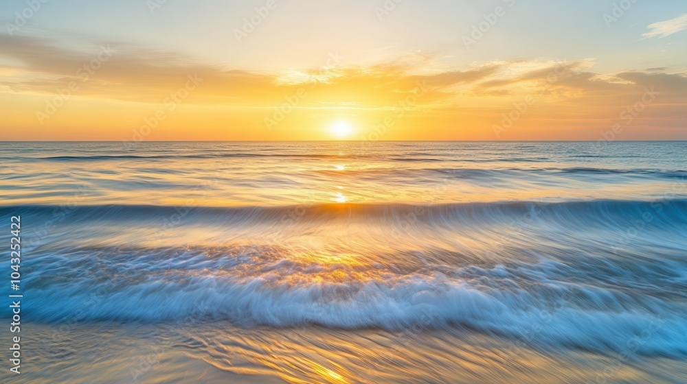 Fototapeta premium Calm ocean waves under a golden sunset, abstract horizon line with a spacious sky for text