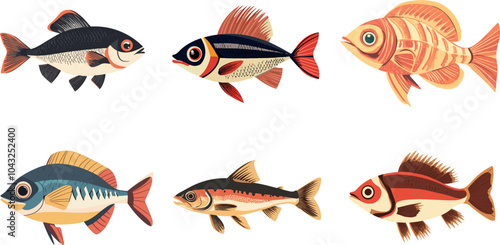 Colorful Illustrations of Various Freshwater Fish Species in a Creative Arrangement