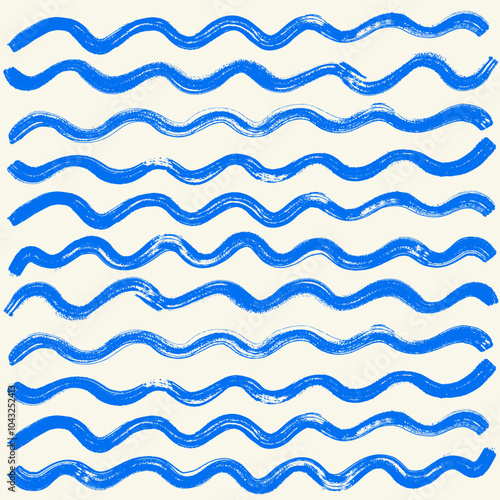 Wave brush stroke pattern. Template hand drawn water sea vector background. Blue dry brush on art canvas. Vector wavy beach print, curly grunge paint lines, watercolor stripes.