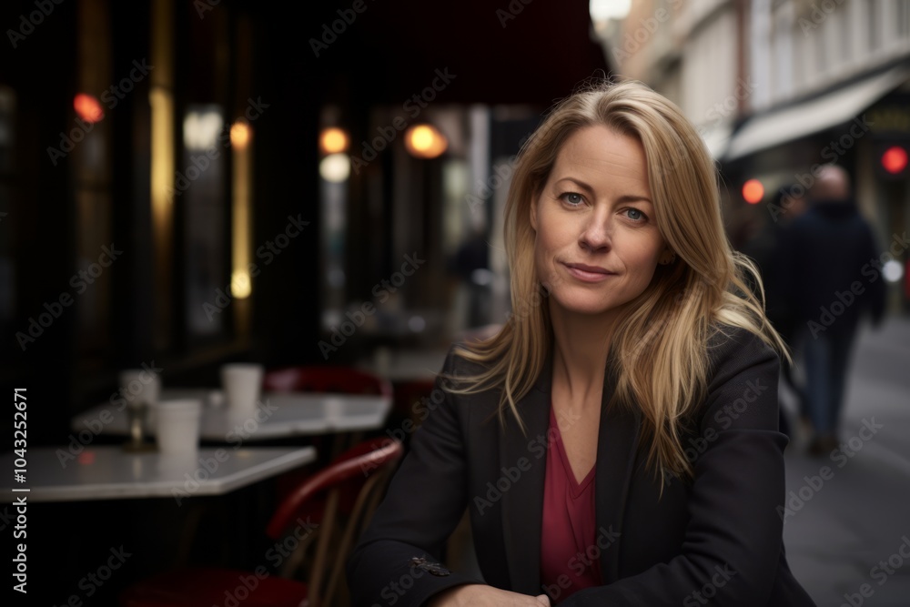 Portrait of a young businesswoman sitting in a street cafe. Portrait of a young businesswoman sitting in a street cafe.
