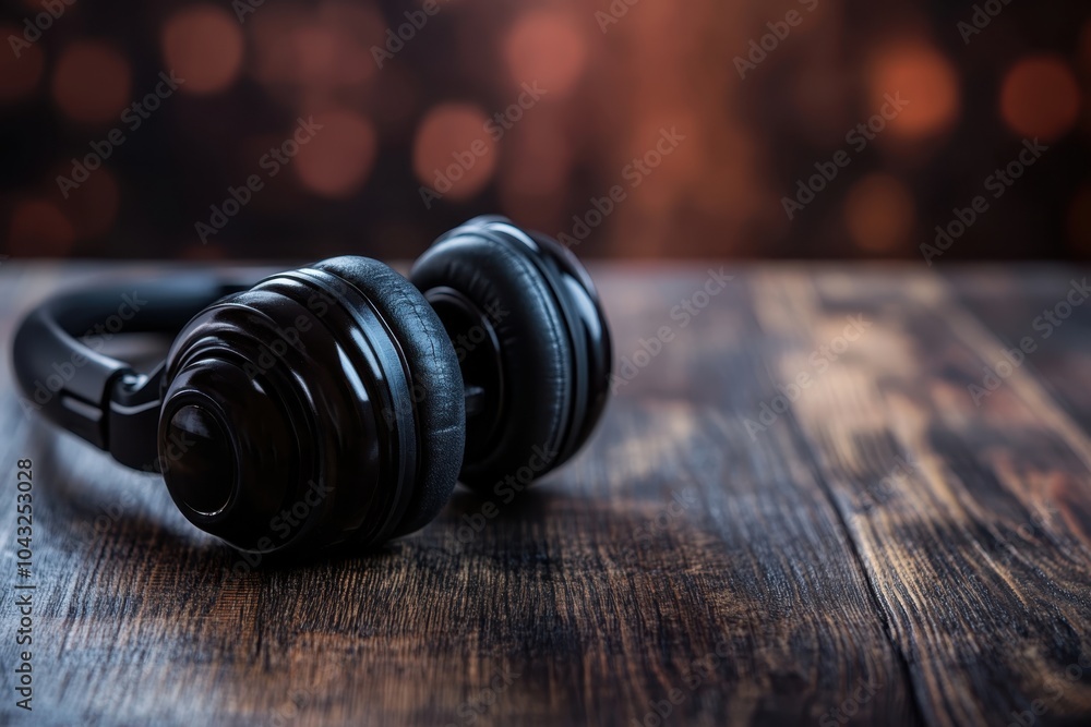 Stylish black headphones resting on a wooden table against a blurred bokeh background Stylish black headphones resting on a wooden table against a blurred bokeh background