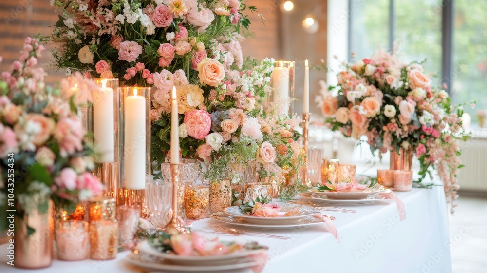 A beautifully arranged wedding table featuring elegant floral displays, candles, and sophisticated tableware, creating a romantic and inviting atmosphere. A beautifully arranged wedding table featuring elegant floral displays, candles, and sophisticated tableware, creating a romantic and inviting atmosphere.