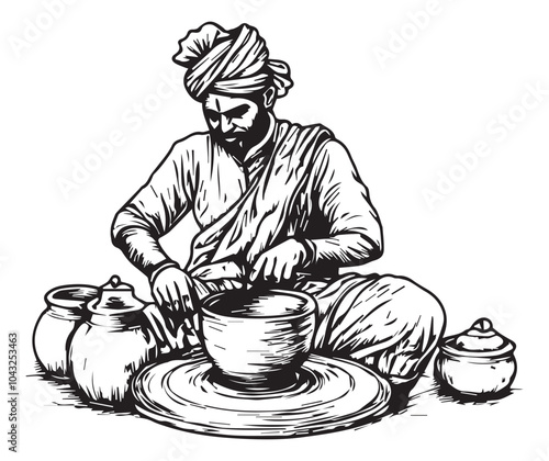 Vintage Indian Potter Crafting on Wheel - Black and White Woodcut Illustration