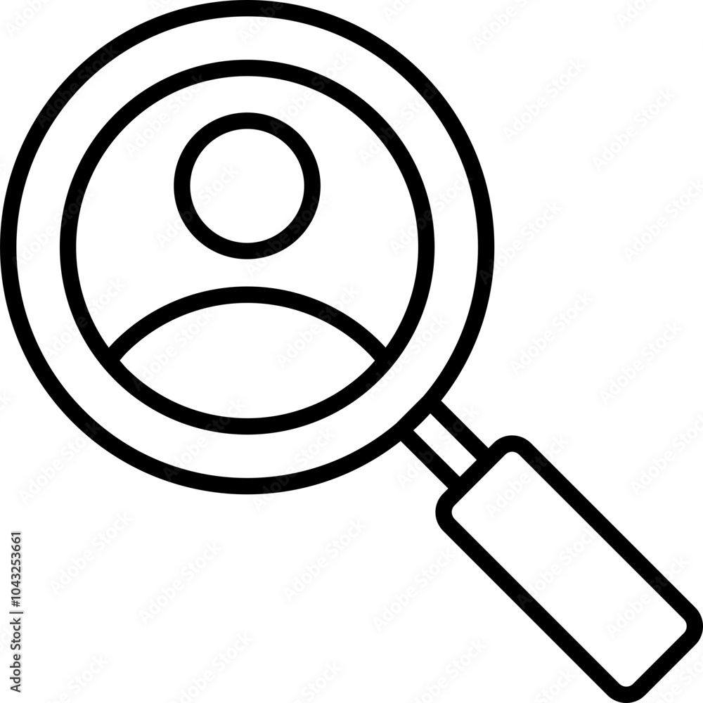 Black line icon of a magnifying glass with a person inside, representing user search or profile investigation. Black line icon of a magnifying glass with a person inside, representing user search or profile investigation.