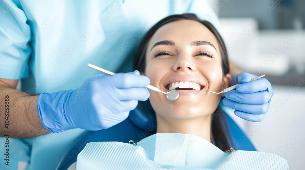 Smiling Woman at Dental Check Up in Modern Clinic Smiling Woman at Dental Check Up in Modern Clinic