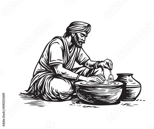 Traditional Indian Potter at Work - Vintage Hand-Drawn Black and White Woodcut Art