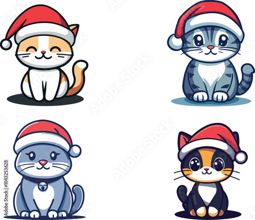 Cute and Festive Cartoon Cats Wearing Santa Hats Ready for Holiday Celebrations