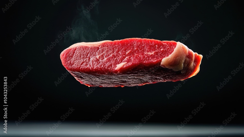 A raw steak floats against a dark background, showcasing its fresh red color and marbled texture, emphasizing quality in a visually striking presentation. A raw steak floats against a dark background, showcasing its fresh red color and marbled texture, emphasizing quality in a visually striking presentation.