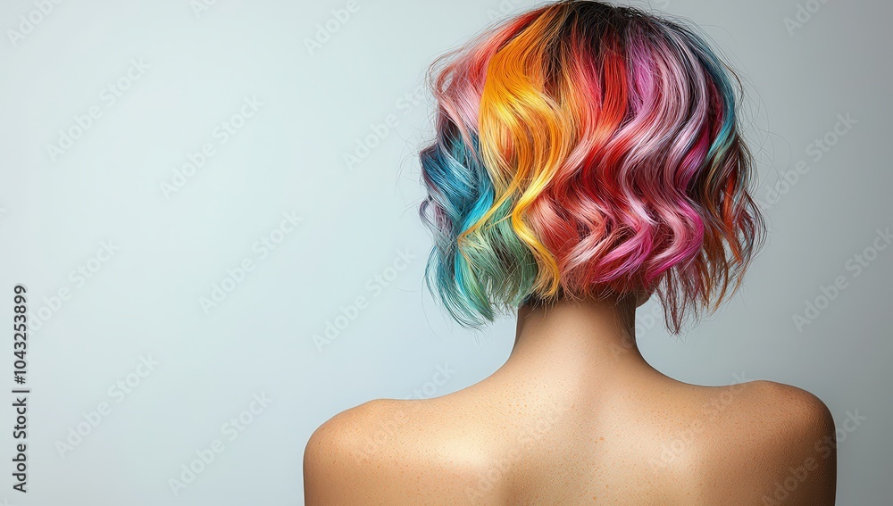 Naklejka premium woman with colorful hair styled in an elegant pixie cut, showcasing her back and the vibrant colors on a white background. 