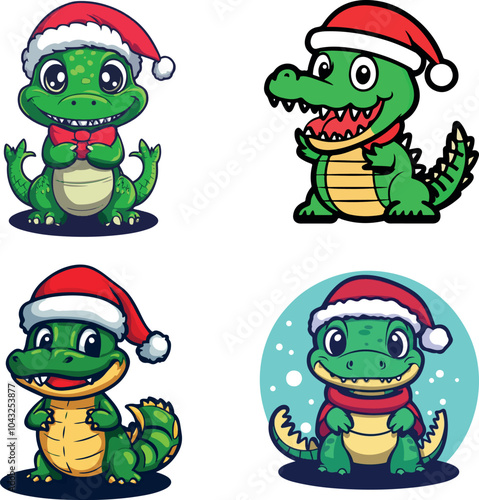 Four Cheerful Cartoon Alligators in Santa Hats Celebrating the Holiday Season