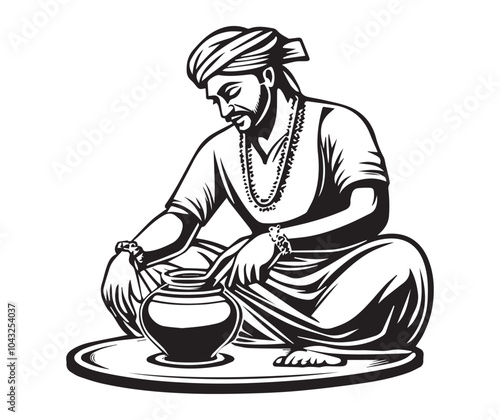 Indian Pot Maker Using Pottery Wheel - Vintage Black and White Woodcut Illustration